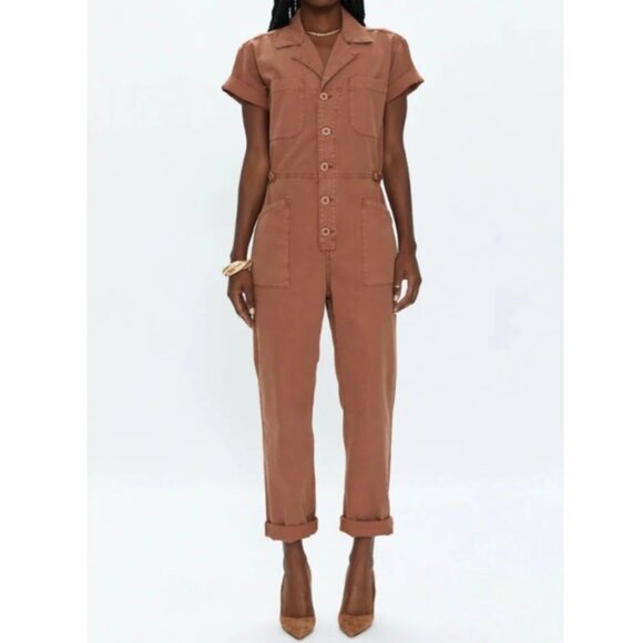 NWOT PISTOLA Grover Cargo Jumpsuit Caramel Pockets Button Front Size S - Picture 1 of 14